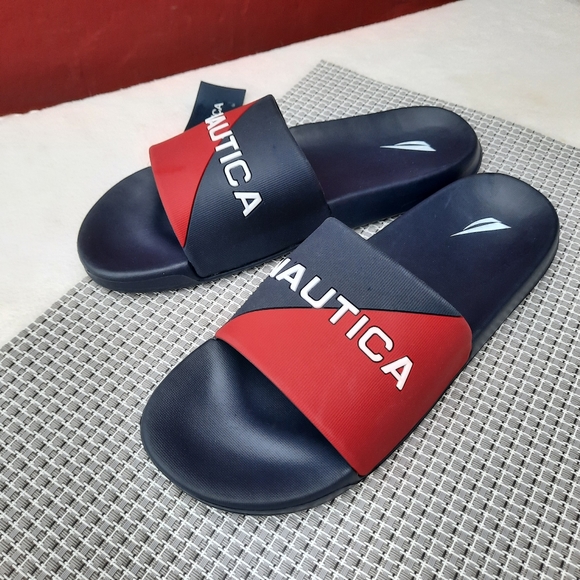 Nautica Spellout Logo Embossed Color Block Pool Slides Sandal Vacation 6 NEW - Picture 1 of 10